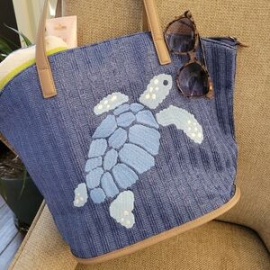 Vera Bradley Straw Tote, Regatta Turtle Blue New Without Tags